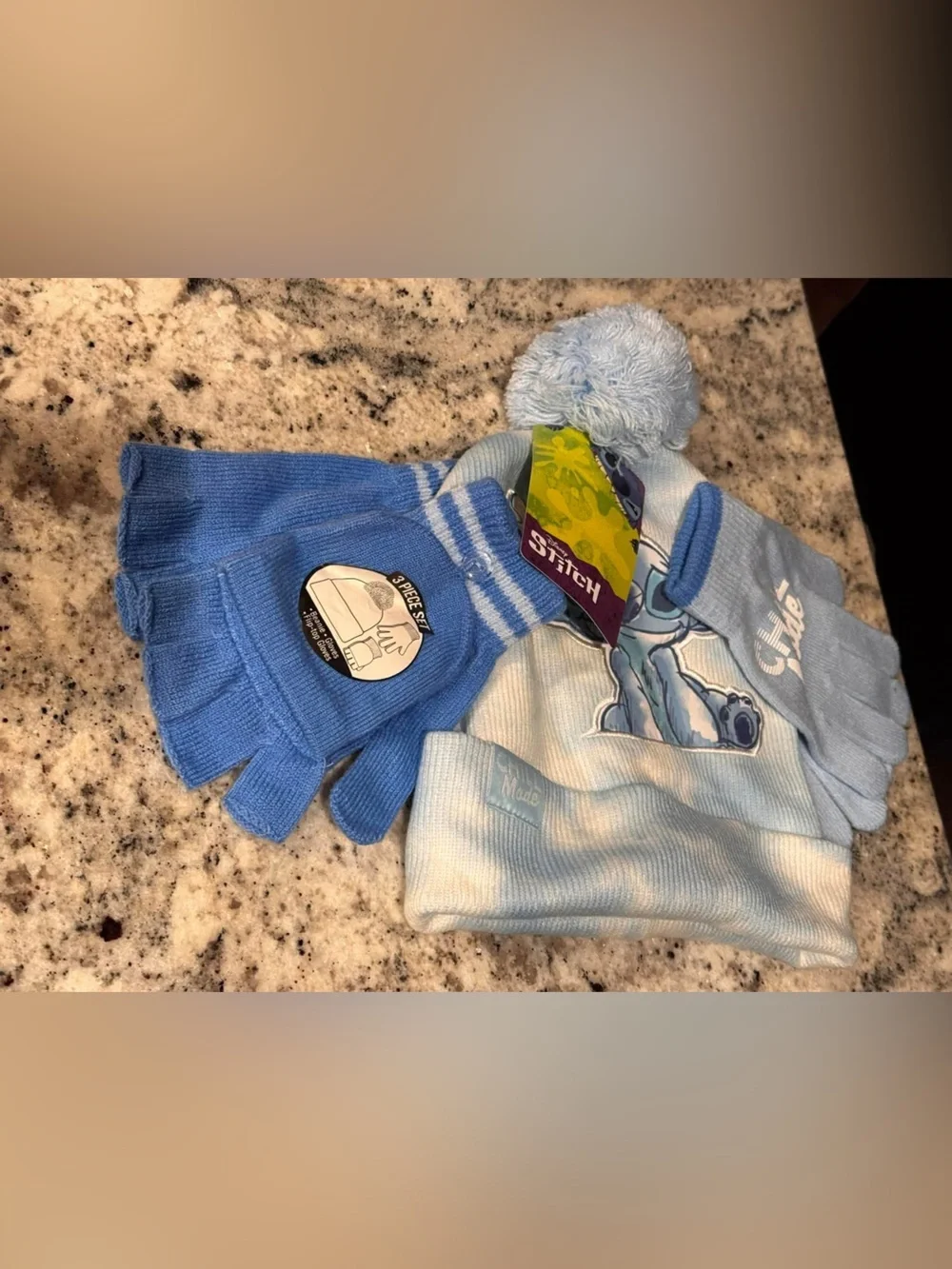 3pc Disney Light Blue Lilo & Stitch Knit Hat and Mittens Set